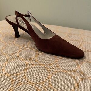 Rich brown suede sling backs . Classic Saks Fifth Ave Folio Collection